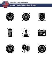pacote de 9 sinais de glifos sólidos de celebração do dia da independência dos eua e símbolos de 4 de julho, como conquista de troféus estados americanos americanos editáveis elementos de design vetorial do dia dos eua vetor