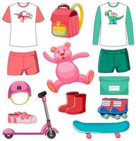 conjunto de brinquedos de cor rosa e verde e roupas isoladas no fundo branco vetor