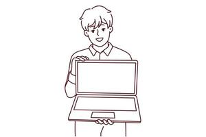 homem sorridente mostra laptop com tela de maquete vetor