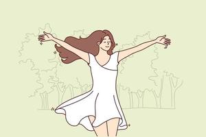 mulher feliz corre pelo parque em vestido branco esvoaçante e gosta de clima quente de verão. jovem bonita com cabelos longos se alegra em caminhada e dia de primavera quente. ilustração vetorial plana vetor