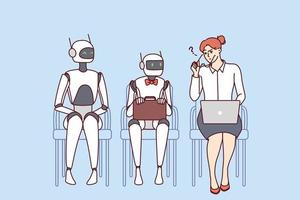 mulher confusa senta-se na cadeira em linha com robôs esperando por entrevista. funcionária frustrada perto de assistentes robóticos no escritório. ai no local de trabalho. ilustração vetorial. vetor