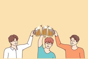 jovens sorridentes tilintando copos bebendo cerveja juntos. caras felizes, felicidades, aproveitem a festa, divirtam-se. conceito de amizade. ilustração vetorial. vetor