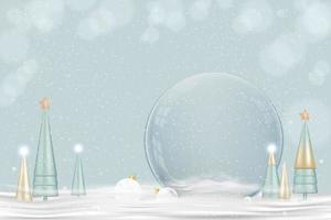 feliz ano novo e fundo de feliz natal. bola de neve de natal com árvore cônica na neve, design 3d de globo de neve de vidro. elementos festivos de natal cartaz de férias, cartão de felicitações, panfleto com espaço de cópia vetor