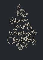 cartão de feliz natal, ilustração de férias. letras de mão, árvores de natal ornamentais como ouro vetor