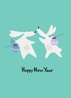 cartão de feliz ano novo com coelho d'água, animal do zodíaco para 2023 na floresta noturna. coelho engraçado do horóscopo chinês e frase de saudação escrita à mão vetor