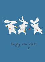 cartão de feliz ano novo com coelho d'água, animal do zodíaco para 2023 na floresta noturna. coelho engraçado do horóscopo chinês e frase de saudação escrita à mão vetor