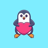 pinguim bonito segurando ilustração de ícones de vetor de desenho de amor de coração. conceito de desenho animado plano. adequado para qualquer projeto criativo.