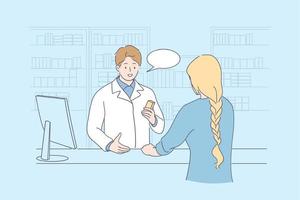 conceito de farmácia e drogaria. jovem sorridente farmacêutico médico personagem de desenho animado consultando mulher paciente cliente na ilustração vetorial de farmácia vetor