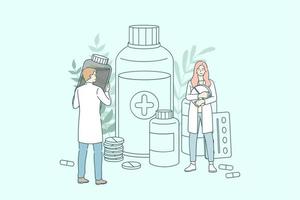 conceito de loja de farmácia. jovens médicos farmacêuticos trabalhando entre frascos e frascos de drogas e vários medicamentos na loja de farmácia ilustração vetorial ilustração vetorial. vetor