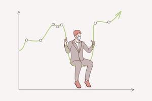 queda do mercado de ações durante o conceito de coronavírus. empresário usando máscara facial médica sentado no gráfico baixo do mercado como oscilação, oscilação de preço de ativos de alta volatilidade na ilustração de crise de surto de coronavírus vetor