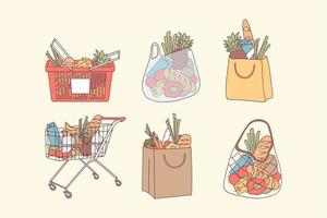 sacolas de compras e conceito de compras de supermercado. sacos cheios e cestas com alimentos naturais, frutas e legumes orgânicos para ilustração vetorial de dieta saudável de alimentação limpa. mercadorias de loja de departamento vetor