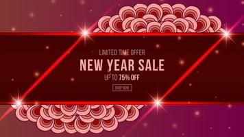 banner de cartaz de promoção de venda de rabisco vermelho de ano novo com exibição de produto e fundo vermelho de decoração festiva vetor