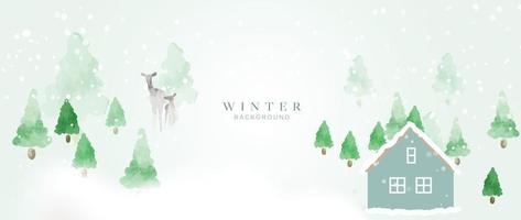 ilustração em vetor fundo aquarela inverno arte. paisagem de inverno rural decorativa pintada à mão, queda de neve, casa, veados, pinheiros. design para impressão, decoração, pôster, papel de parede, banner.