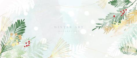 ilustração em vetor fundo aquarela inverno arte. folhas de inverno decorativas pintadas à mão, folhas de pinheiro dourado, ramo de folha de baga, arte de linha. design para impressão, decoração, pôster, papel de parede, banner.