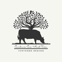 vaca retrô preta e árvore combinam logotipo de fazenda de gado vetor