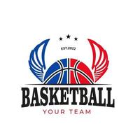 ilustração de basquete de rua, com asas. logotipo do clube de basquete de esportes americanos, clube de basquete. emblema do clube de basquete do torneio, design de modelo. vetor