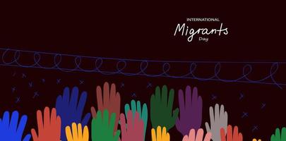 dia internacional do migrante. ilustração de rabisco plano horizontal de modo escuro vetorial multicolorido para banner de mídia social, pôster vetor