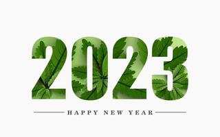 feliz ano novo 2023. projeto folhas verdes dentro do número no fundo branco. vetor
