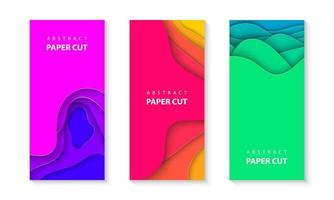 vetor de panfletos verticais com formas de ondas de corte de papel de cores vivas. Estilo de papel abstrato 3D, layout de design para apresentações de negócios, folhetos, cartazes, estampas, decoração, cartões, capa de folheto, banners.