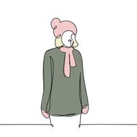 garota fica em roupas de inverno - um vetor de desenho de linha. conceito de ficar e esperar por alguém lá fora no inverno ou ficar tímido