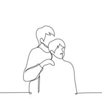 homem alto fica atrás de outro com as mãos no ombro - um vetor de desenho de linha. conceito de skinship masculino, diferença de altura