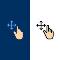 gesto de dedo segure ícones planos e ícones cheios de linha conjunto de fundo azul vector