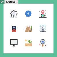 conjunto de cores planas de interface móvel de 9 pictogramas de passatempos ao ar livre passatempos pin elementos de design de vetores editáveis