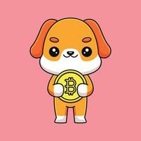 cachorro fofo segurando bitcoin cartoon mascote doodle arte mão desenhada contorno conceito vetor ilustração ícone kawaii