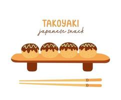 bolas de takoyaki ou bolas de polvo ilustração vetorial de comida asiática. lindo lanche japonês famoso em um recipiente em forma de barco e pauzinhos chineses vetor