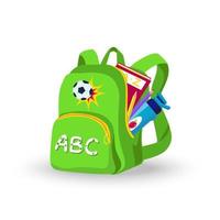 mochila escolar e pré-escolar para crianças, grama verde com símbolos de baliza de futebol, letras abc, com um bolso grande. lápis, livro didático, garrafa dentro. frente ou três quartos, vista lateral, aberta vetor