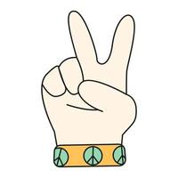 gesto de mão de vitória. mão com pulseira hippie. esboço de estilo, anos 70. vetor de tendências