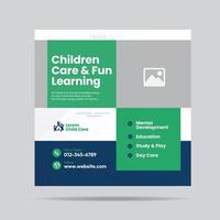 post de mídia social para cuidados infantis e aprendizado divertido ou modelo de postagem para mídia social de creche para crianças vetor