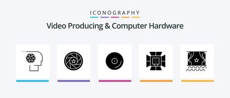 produção de vídeo e pacote de ícones de glifo 5 de hardware de computador, incluindo profissional. leve. filme. iluminação. meios de comunicação. design de ícones criativos vetor