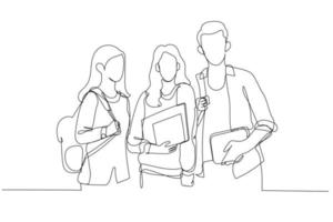 desenho de alunos do grupo com livros e mochilas olhando para a câmera andando no campus da faculdade. estilo de arte de linha contínua única vetor
