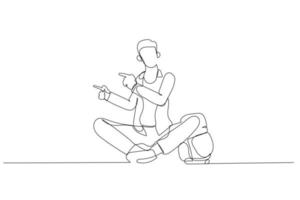 desenho animado do jovem estudante com roupas casuais, segurando o dedo do ponto de mochila de lado. estilo de arte de uma linha vetor