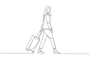 desenho animado da jovem empresária andando no aeroporto. um estilo de arte de linha contínua vetor