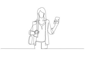 desenho animado da aluna está segurando o celular na mão, olha para a câmera. estilo de arte de uma linha vetor