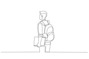 ilustração da vista traseira de um estudante do sexo masculino em pé e posando. estilo de arte de linha única vetor