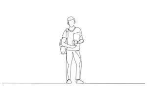desenho de jovem estudante feliz carregando sacolas e livros. arte de linha contínua única vetor