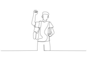 desenho de menino adolescente com livros e mochila com boné fazendo gesto de saudação. arte de linha contínua vetor