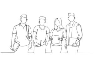 ilustração de grupo de estudantes universitários ou amigos juntos em pé no campus. estilo de arte de linha única vetor
