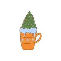 copo com bebida quente e árvore de natal. cartão de vetor