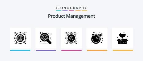 pacote de ícones de glifo 5 de gerenciamento de produtos, incluindo produto. descrições. contexto. analítico. produtos. design de ícones criativos vetor