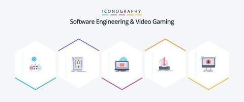 engenharia de software e jogos de vídeo 25 pacotes de ícones planos, incluindo dlc. Adição. língua. vídeo. conectados vetor