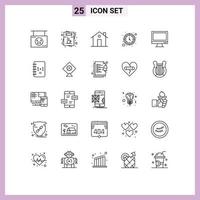pacote de linha de 25 símbolos universais de menu de relógio de parede entrada de casa elementos de design de vetores editáveis