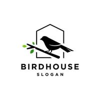 ilustração de ícone de vetor de logotipo de casa de pássaro com galho de árvore de madeira e folha