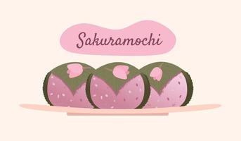 ilustração de sakuramochi. bolo de arroz japonês envolto em flor de cerejeira em conserva, folha de sakura. ilustração vetorial. estilo de desenho animado. vetor