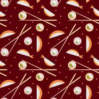 sushi e pãezinhos no padrão sem emenda de fundo vermelho. design de comida japonesa e asiática para moda, tecido, têxtil, papel de parede, capa. ilustração vetorial. vetor