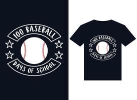 100 dias de beisebol de ilustrações escolares para design de camisetas prontas para impressão vetor