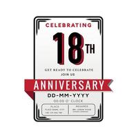 celebração do logotipo de aniversário de 18 anos e cartão de convite com fita vermelha isolada no fundo branco vetor